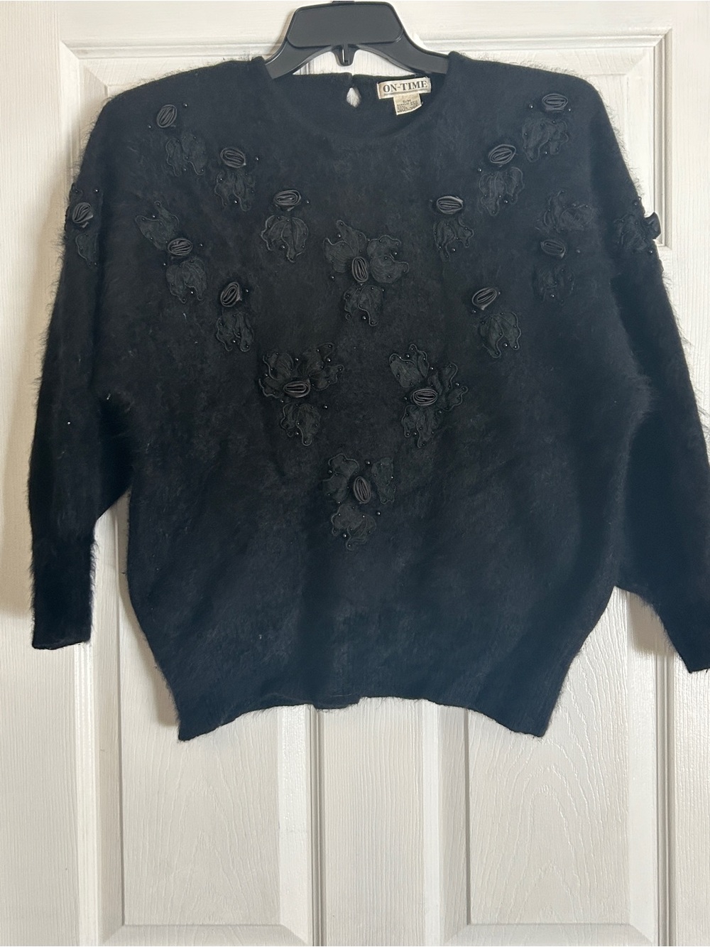 Black Embellished Fuzzy Crewneck Sweater